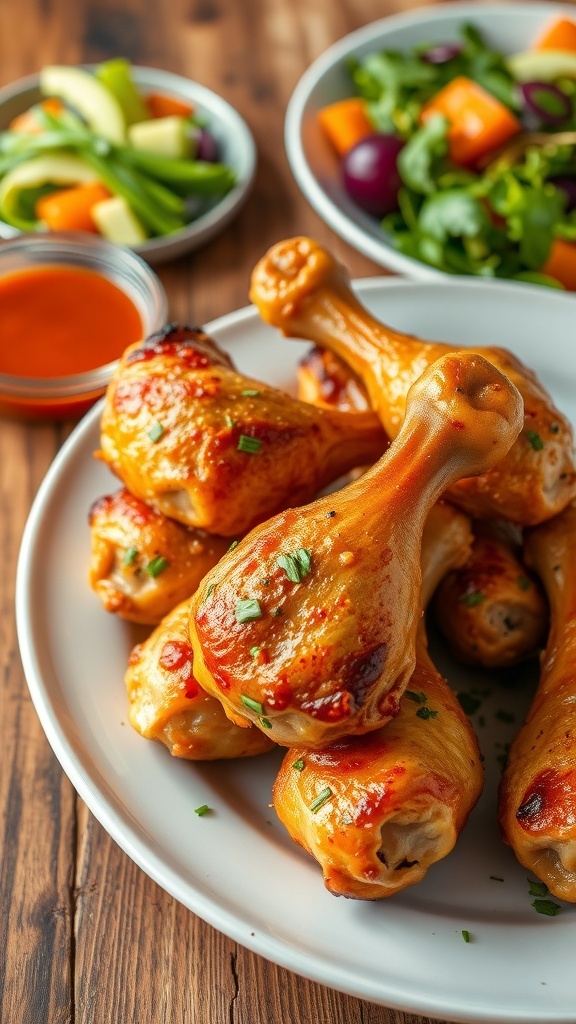 Crispy baked chicken drumsticks on a plate with herbs and dipping sauce.